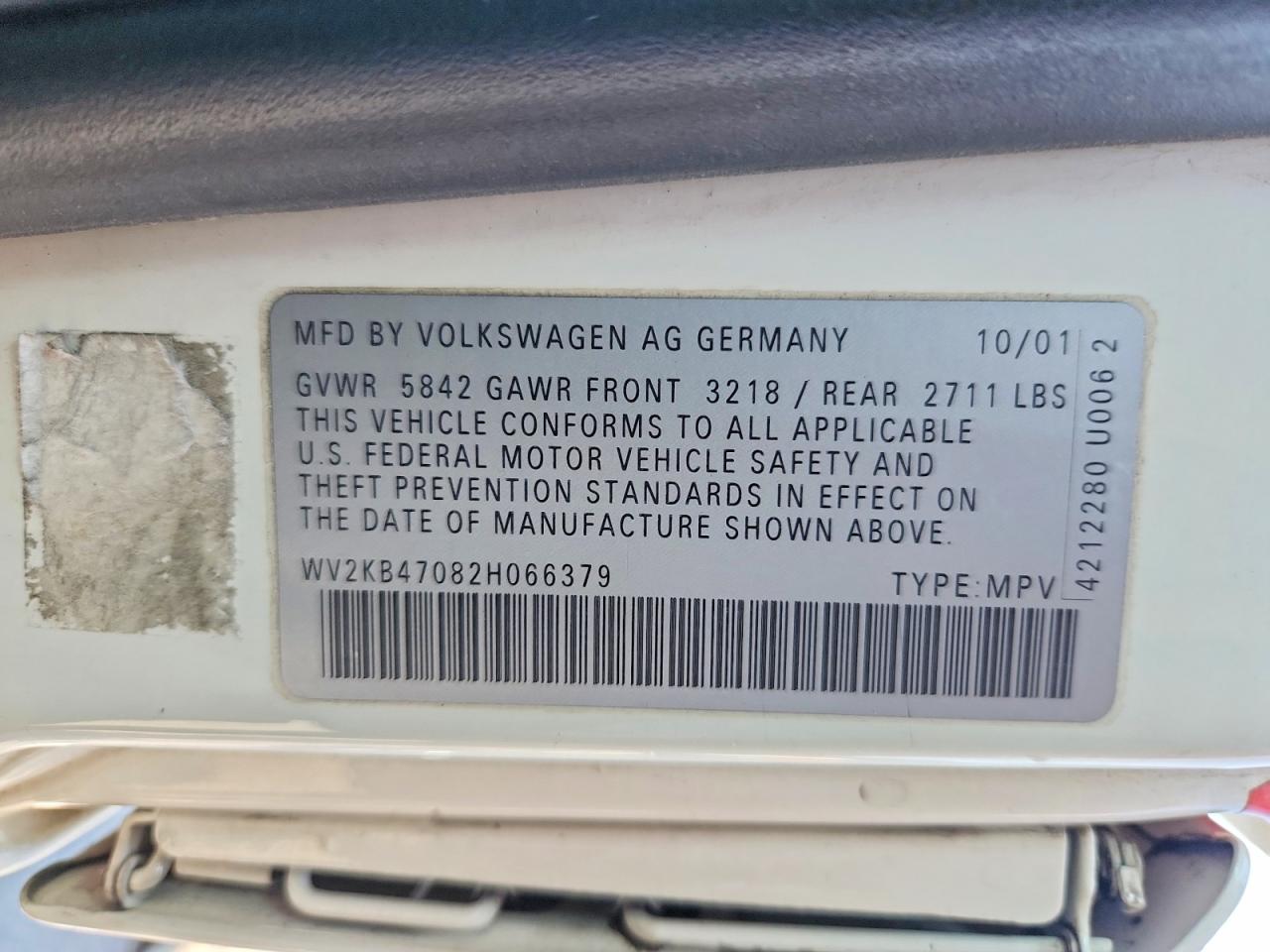 2002 Volkswagen Eurovan Gls White vin: WV2KB47082H066379