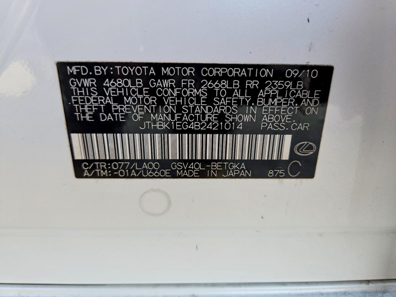 2011 Lexus Es 350 White vin: JTHBK1EG4B2421014