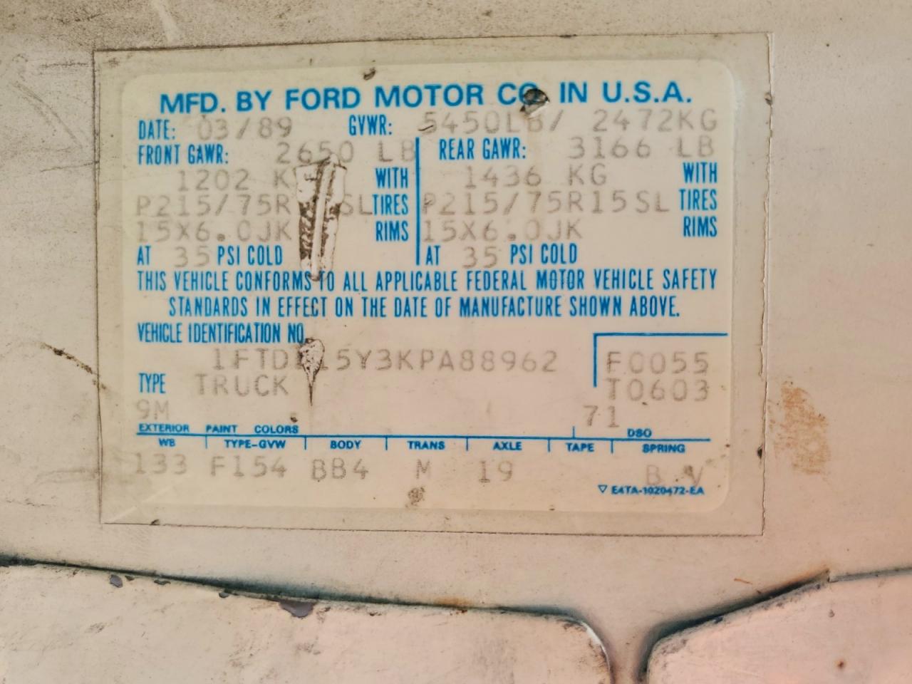 1989 Ford F150 Белый vin: 1FTDF15Y3KPA88962