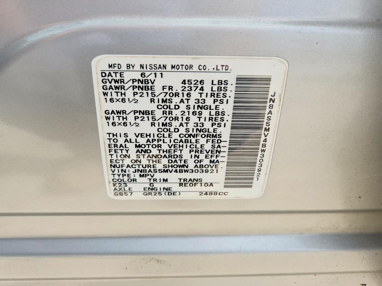 2011 Nissan Rogue S/sv/krom Silver vin: JN8AS5MV4BW303921