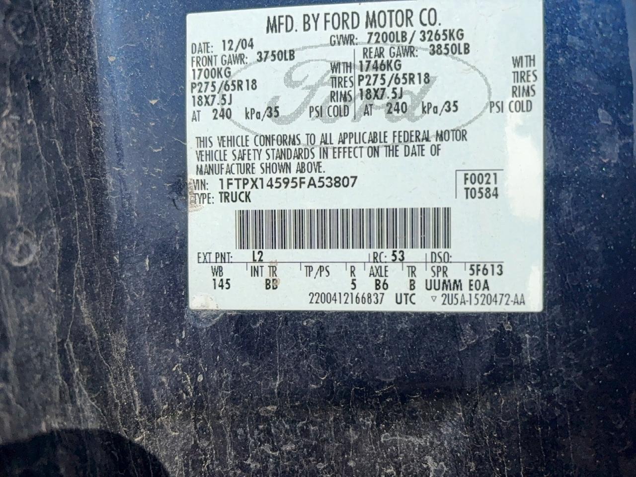2005 Ford F-150 Blue vin: 1FTPX14595FA53807