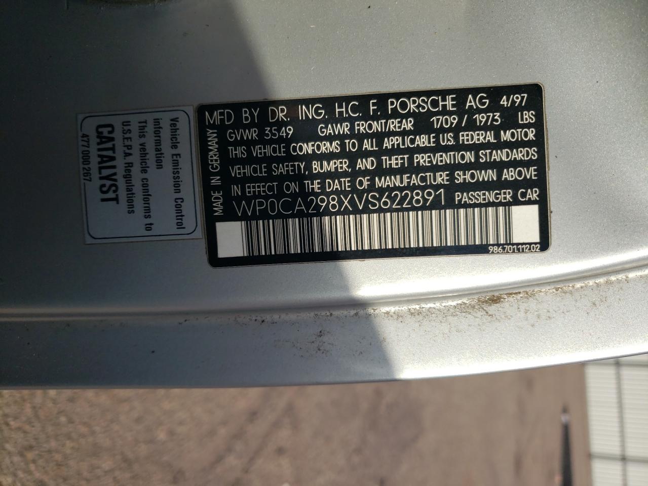 1997 Porsche Boxster Silver vin: WP0CA298XVS622891
