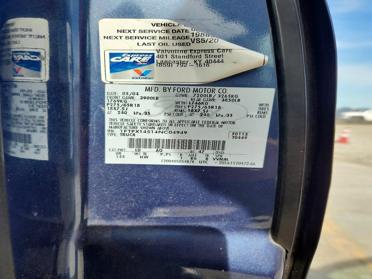 2004 Ford F150 Blue vin: 1FTPX14514NC04949