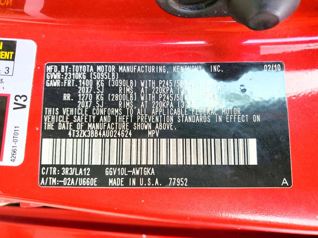 2010 Toyota Venza Fwd V6 Red vin: 4T3ZK3BB4AU024624