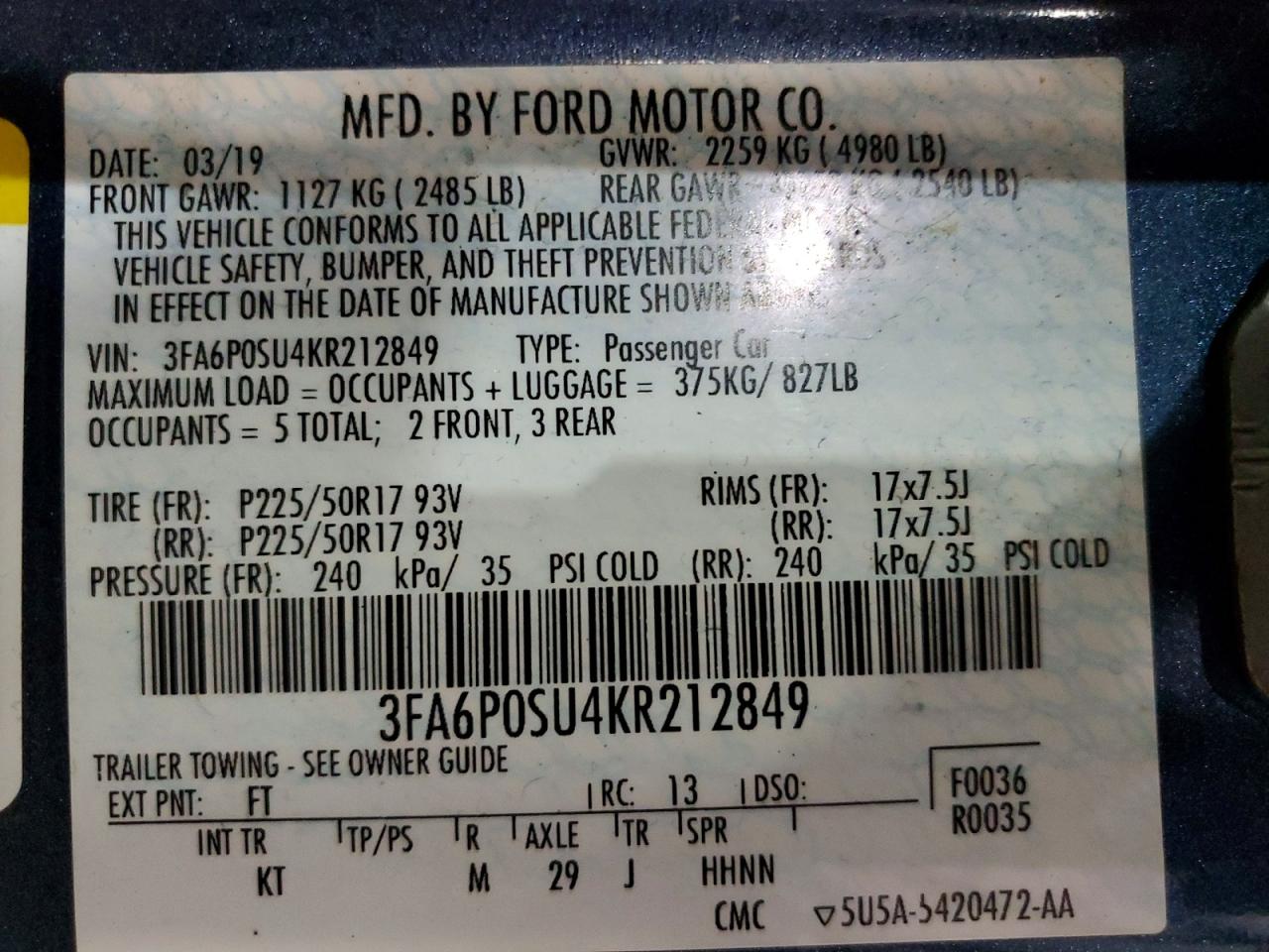 2019 Ford Fusion Titanium Blue vin: 3FA6P0SU4KR212849