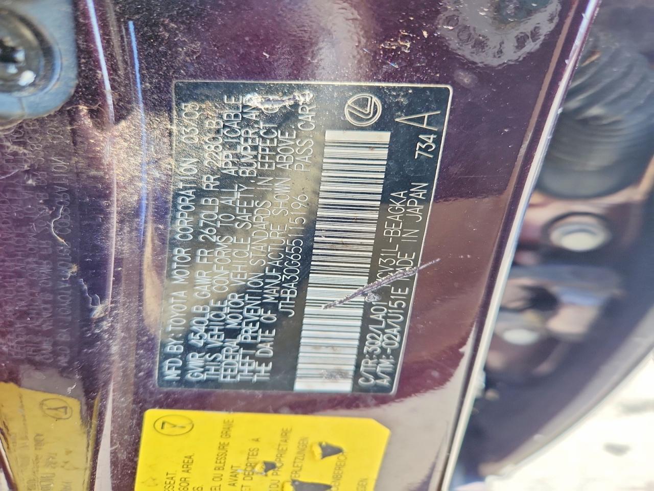 2005 Lexus Es 330 Purple vin: JTHBA30G655115196