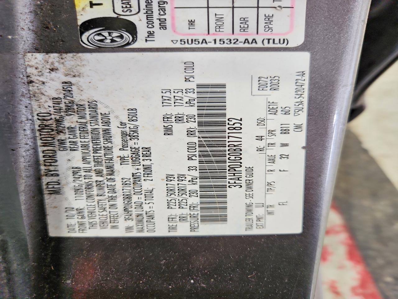 2011 Ford Fusion Sel Gray vin: 3FAHP0JG0BR171852
