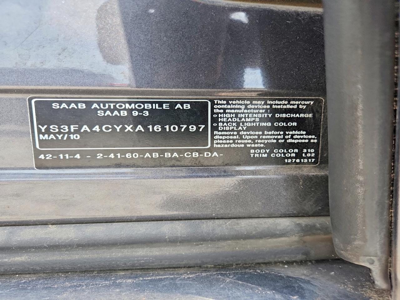 2010 Saab 9-3 2.0t Gray vin: YS3FA4CYXA1610797
