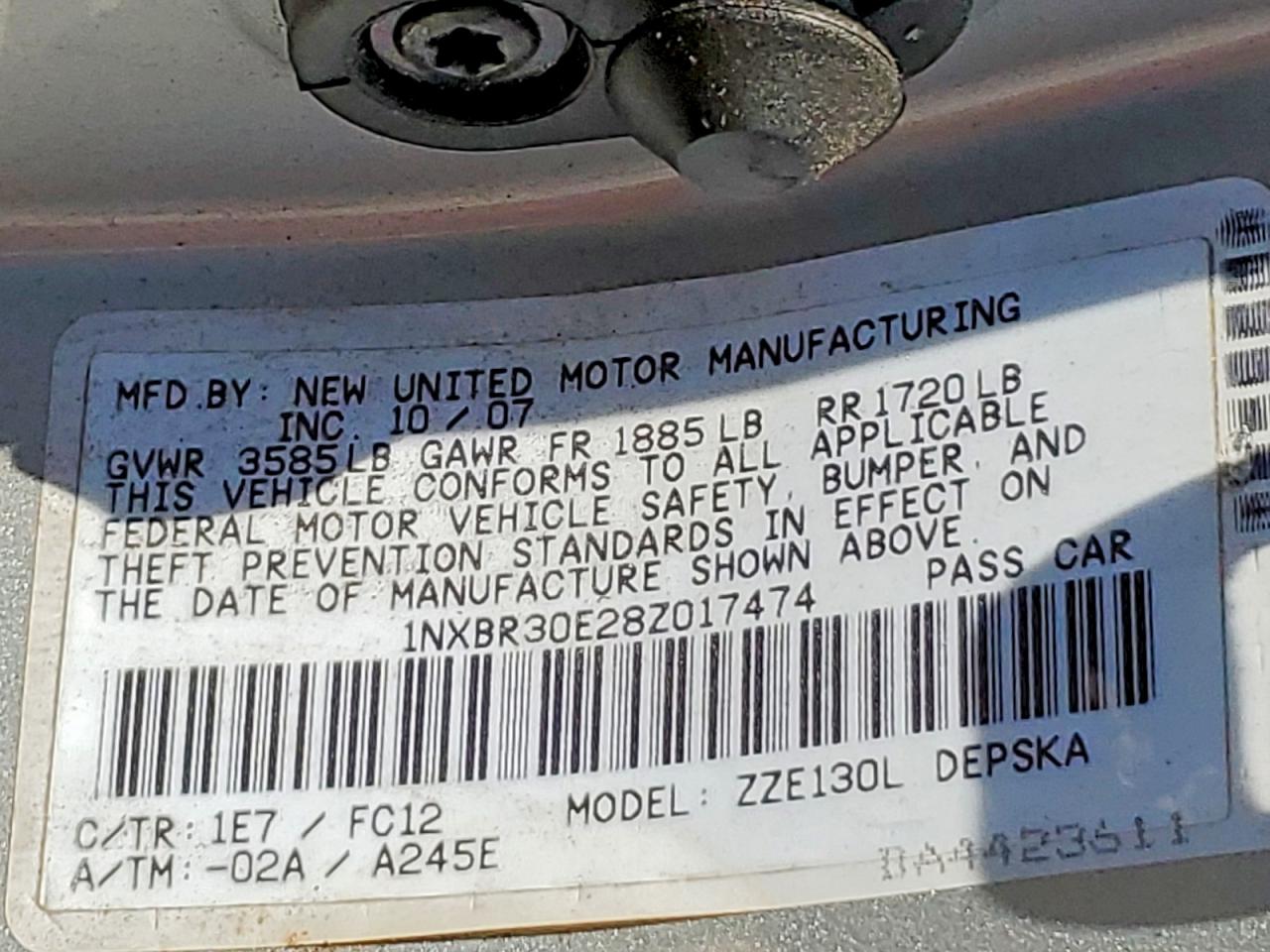 2008 Toyota Corolla S Silver vin: 1NXBR30E28Z017474