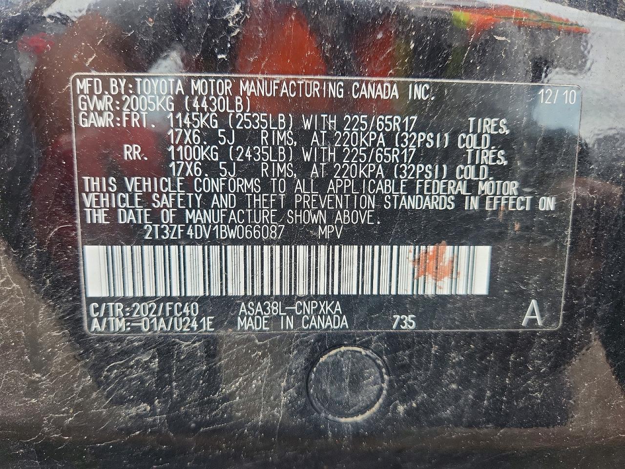 2011 Toyota Rav4 Base Black vin: 2T3ZF4DV1BW066087