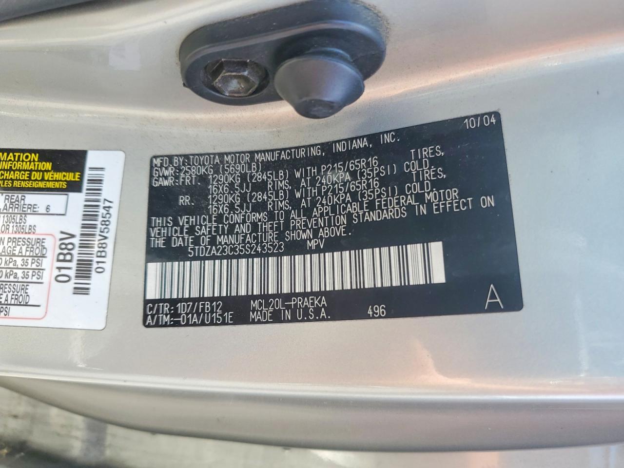 2005 Toyota Sienna Le 8 Passenger Silver vin: 5TDZA23C35S243523