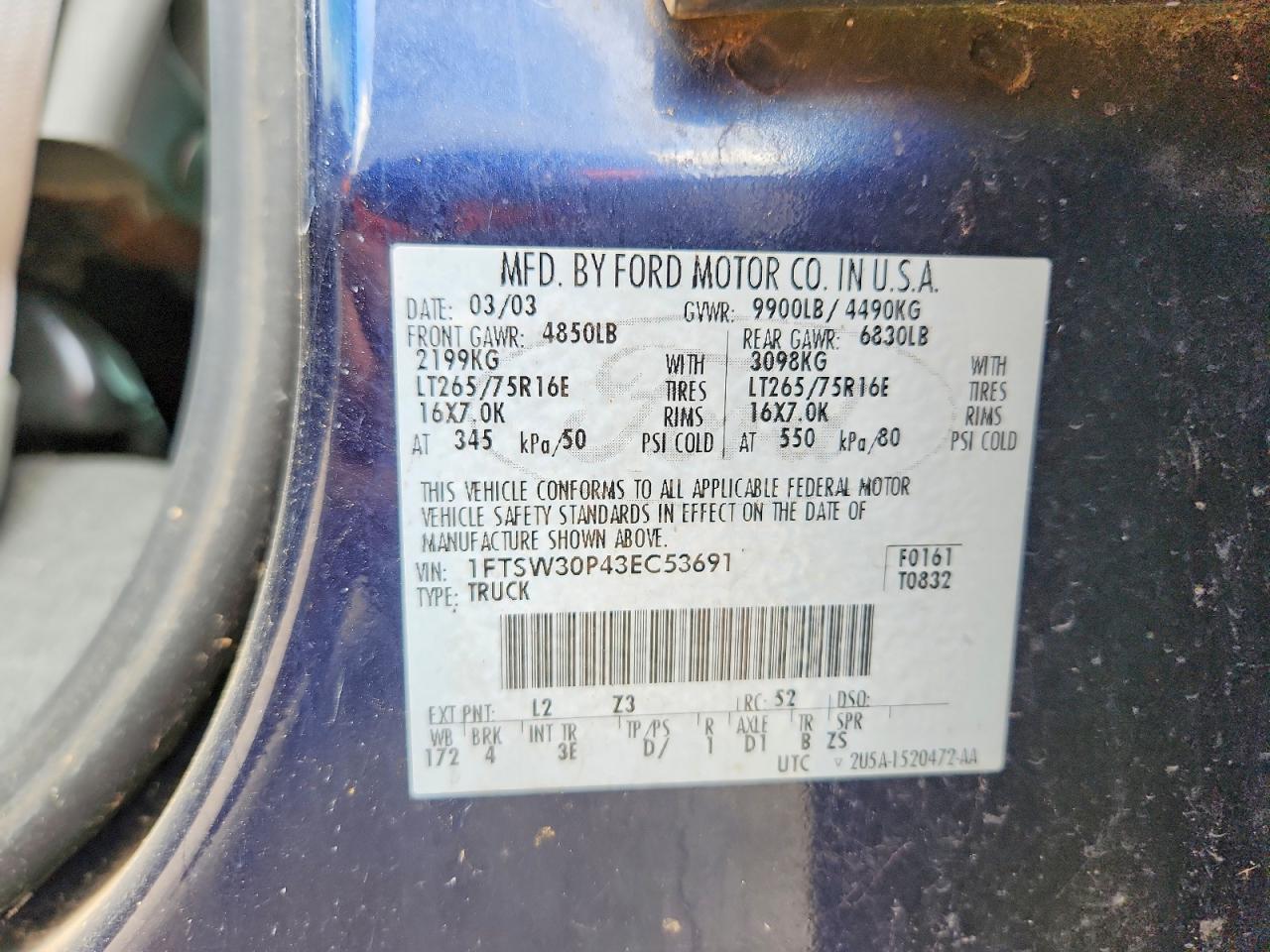2003 Ford F350 Srw Super Duty Blue vin: 1FTSW30P43EC53691