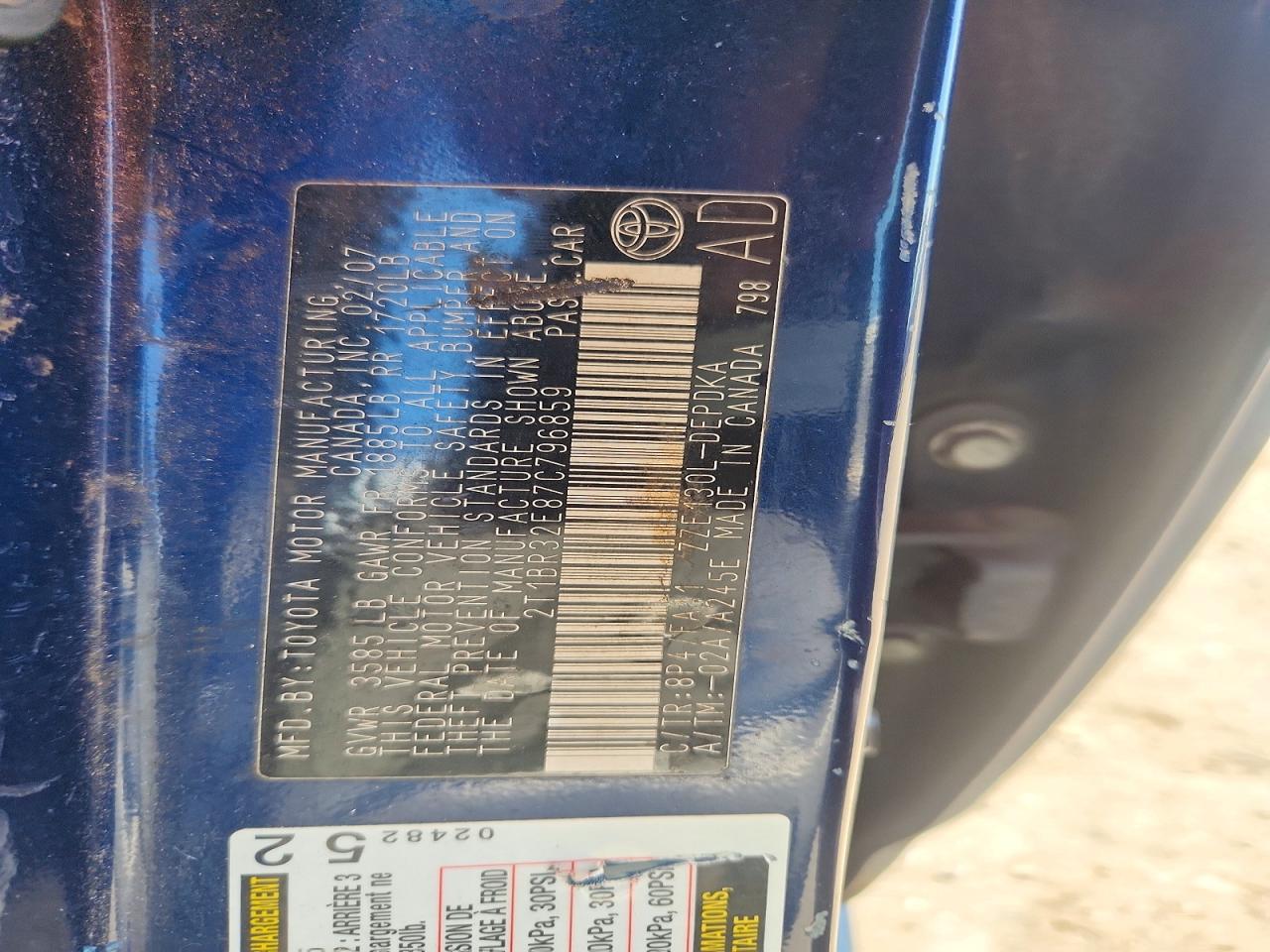 2007 Toyota Corolla Ce Blue vin: 2T1BR32E87C796859