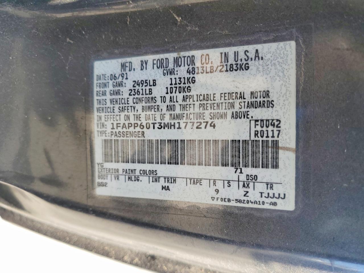 1991 Ford Thunderbird Серый vin: 1FAPP60T3MH177274
