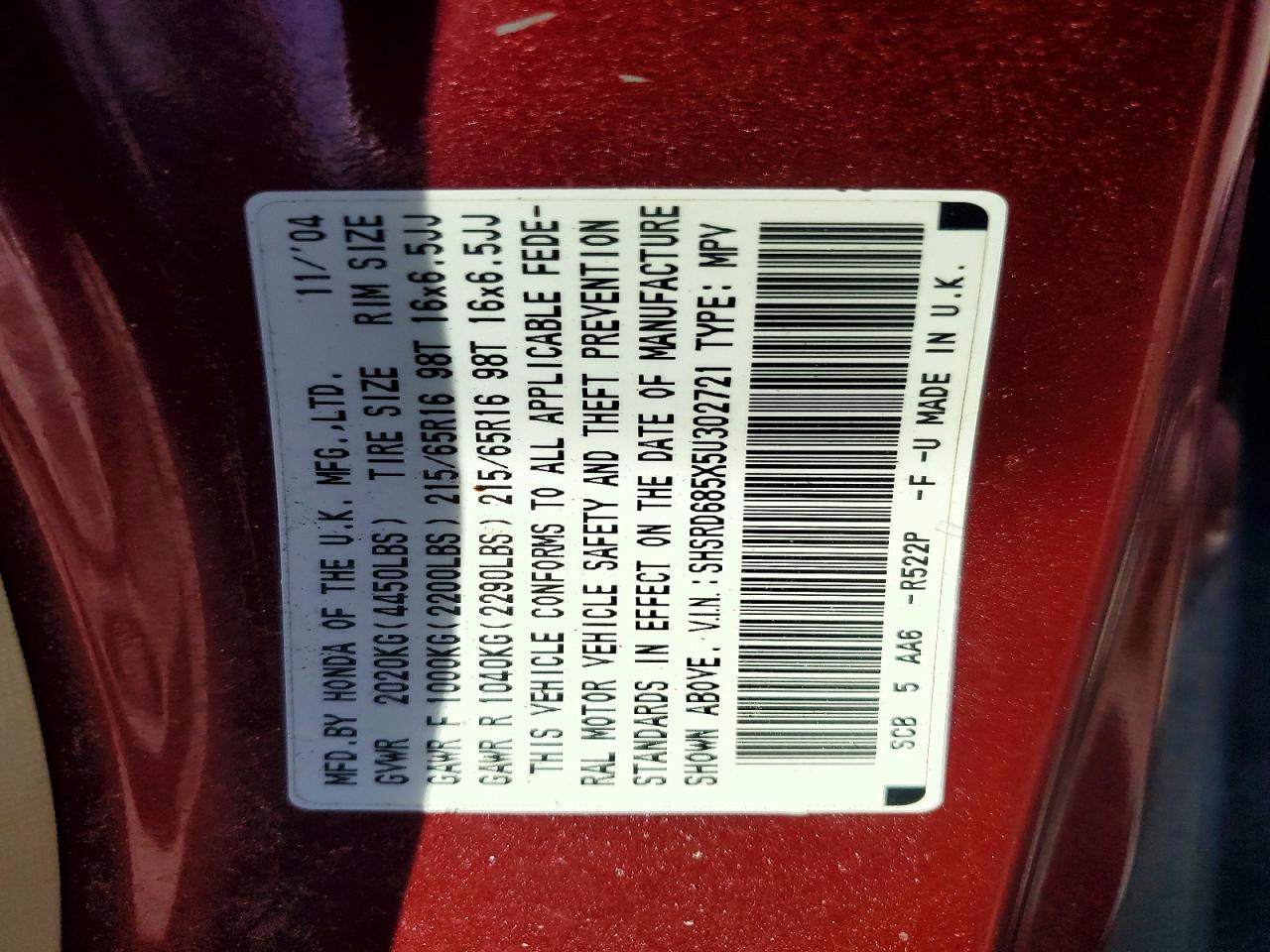 2005 Honda Cr-v Lx Burgundy vin: SHSRD685X5U302721