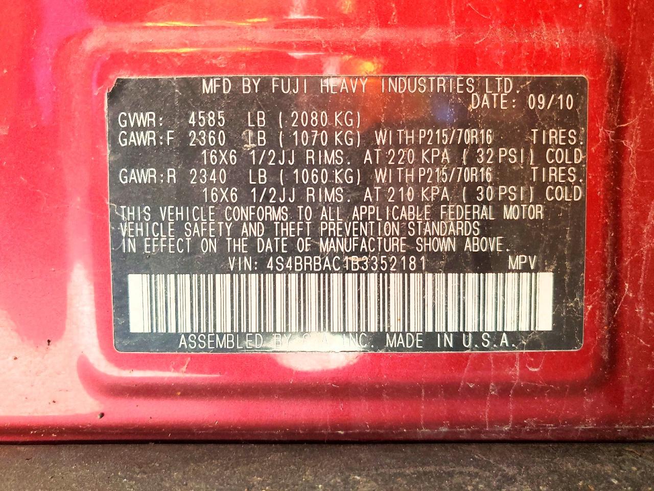 2011 Subaru Outback 2.5i Red vin: 4S4BRBAC1B3352181