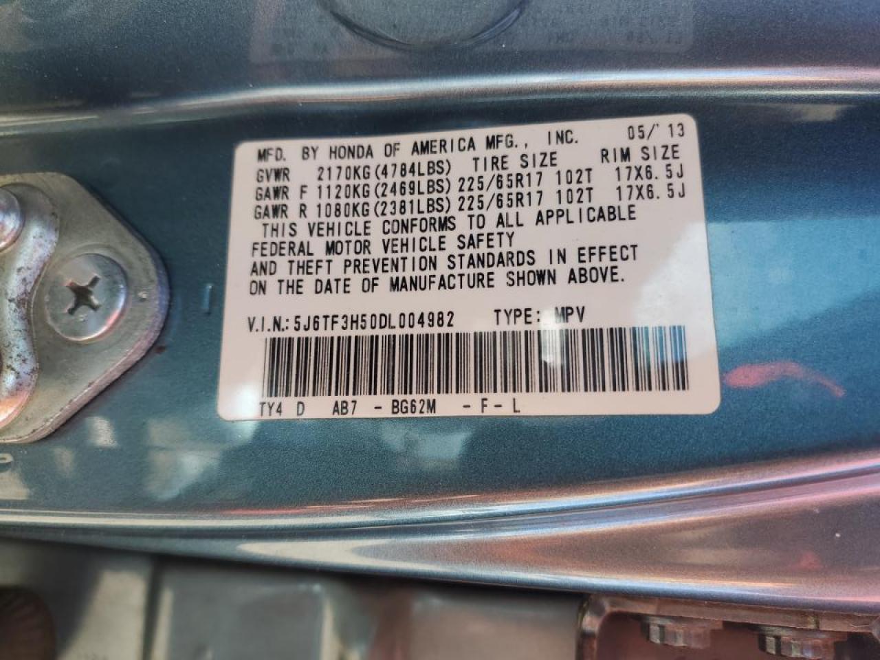 2013 Honda Crosstour Exl Blue vin: 5J6TF3H50DL004982