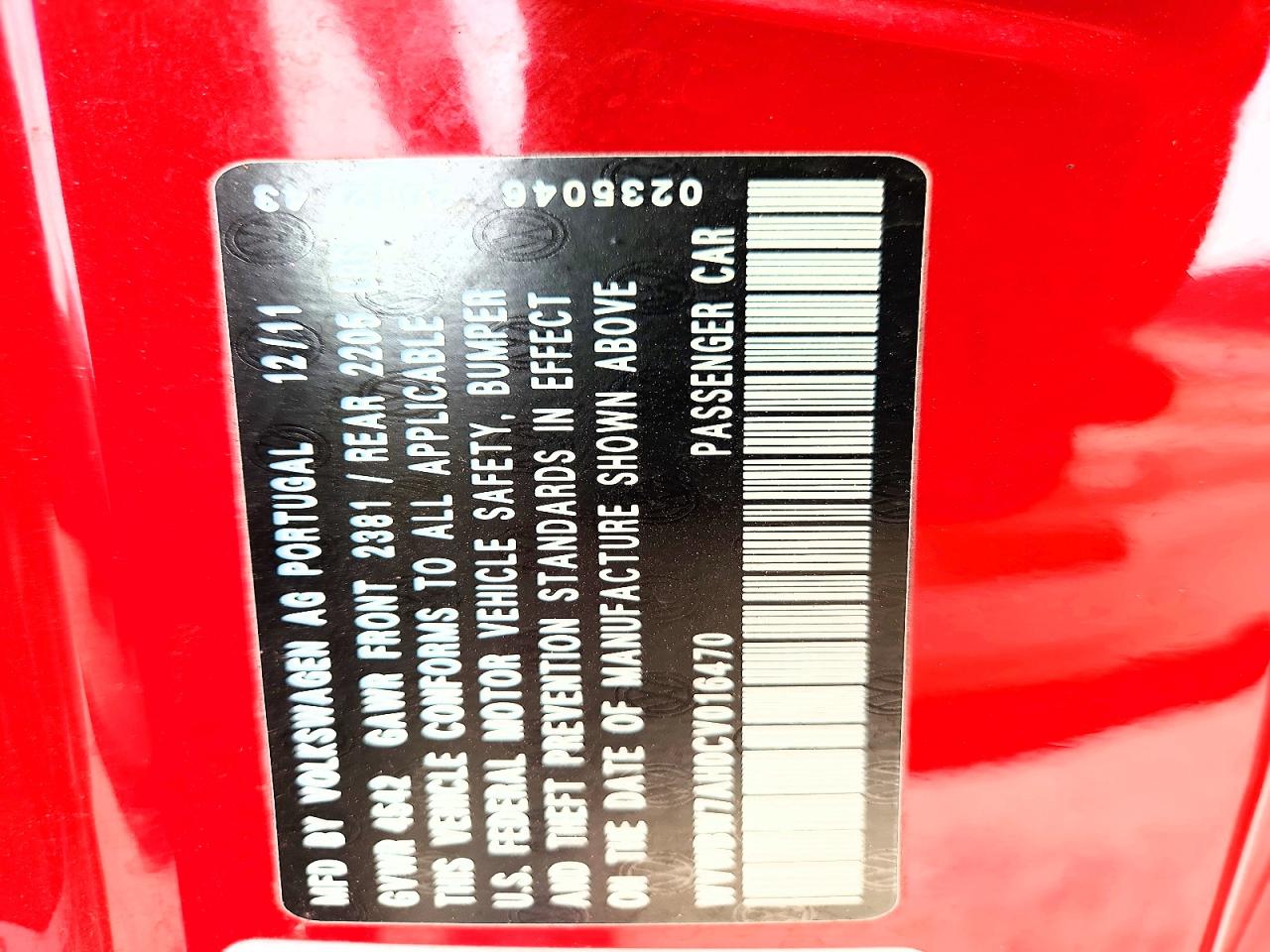 2012 Volkswagen Eos Komfort Red vin: WVWBW7AH0CV016470