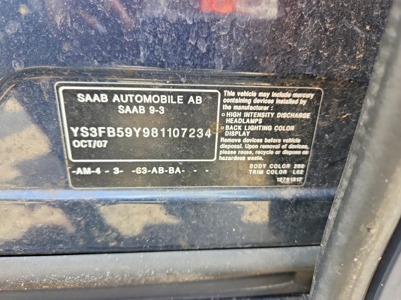 2008 Saab 9-3 2.0t Синий vin: YS3FB59Y981107234