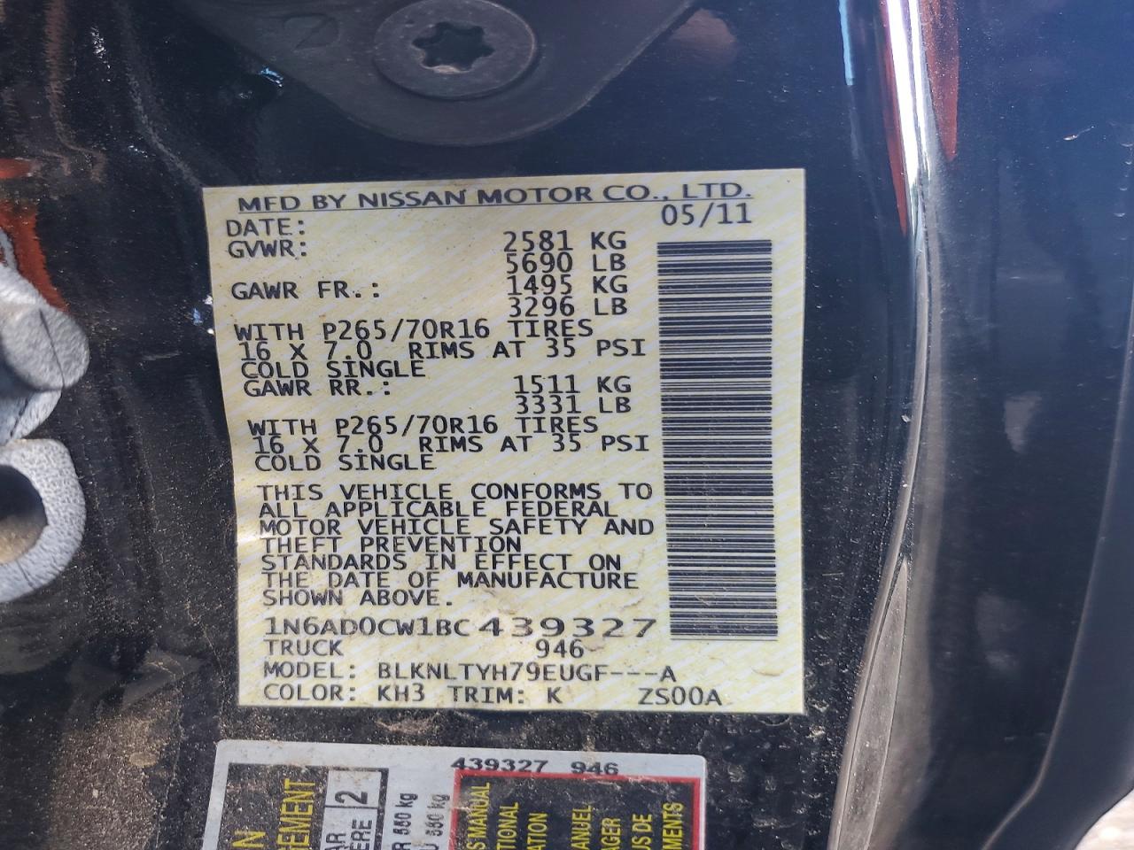 2011 Nissan Frontier Sv V6 Black vin: 1N6AD0CW1BC439327
