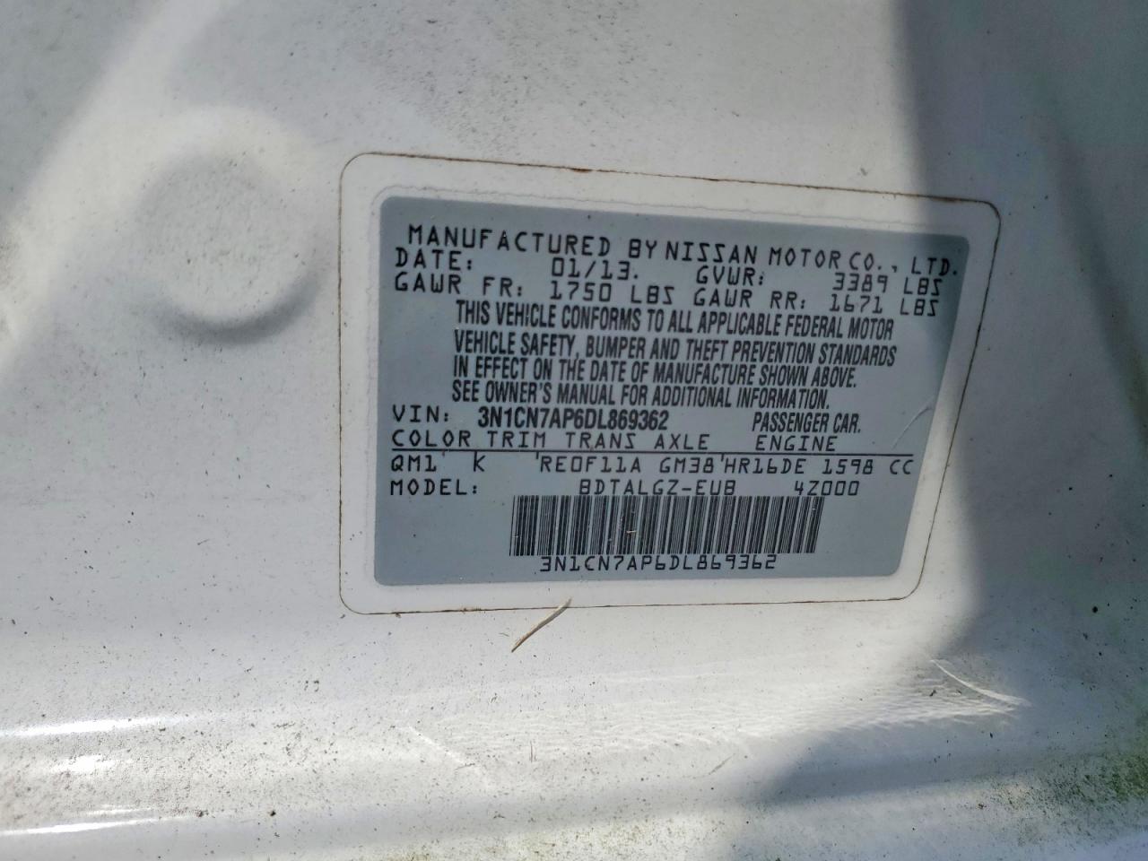 2013 Nissan Versa 1.6 S White vin: 3N1CN7AP6DL869362
