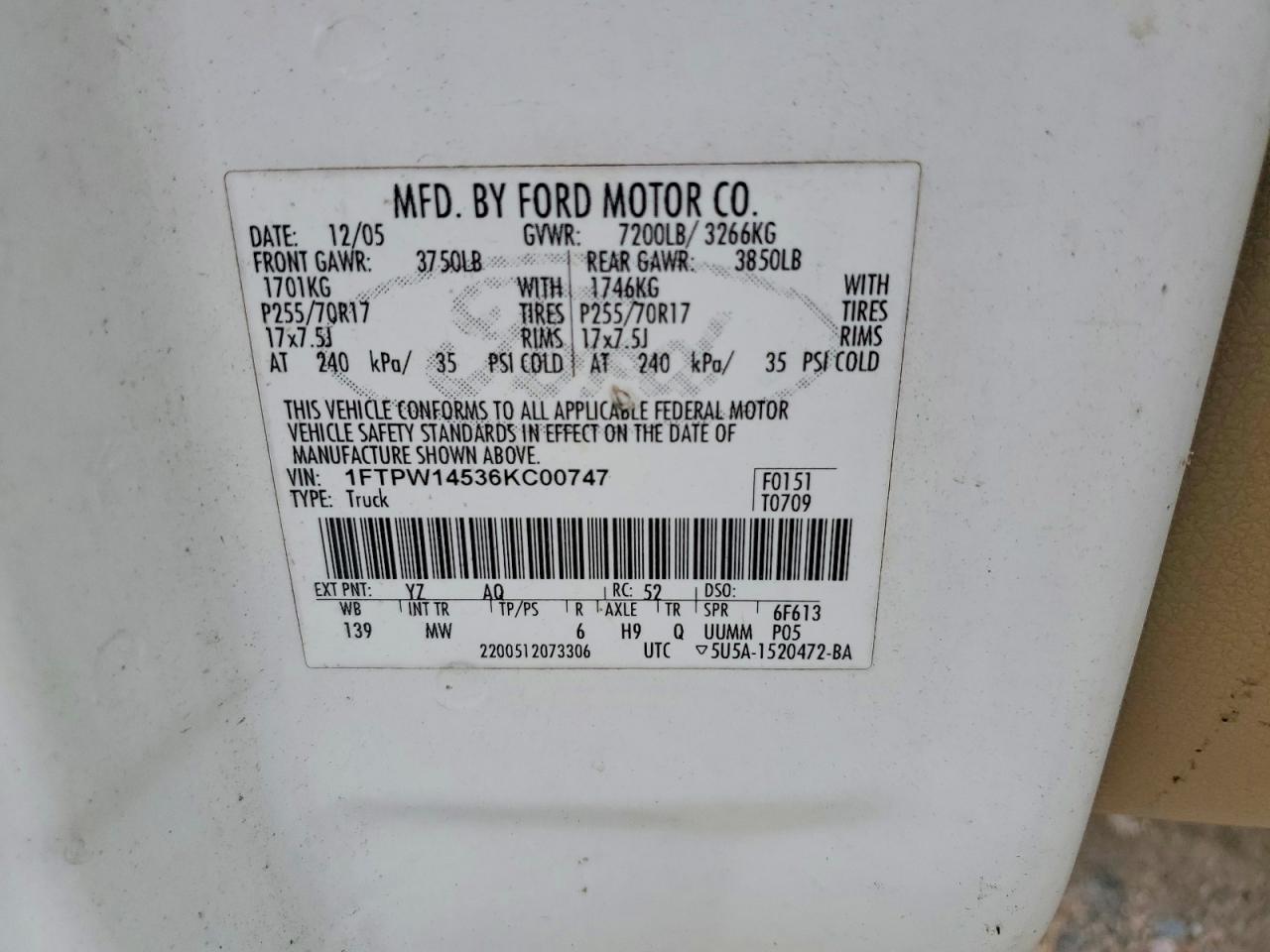 2006 Ford F150 Supercrew White vin: 1FTPW14536KC00747