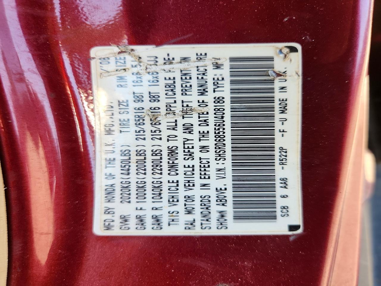 2006 Honda Cr-v Lx Burgundy vin: SHSRD68556U408186
