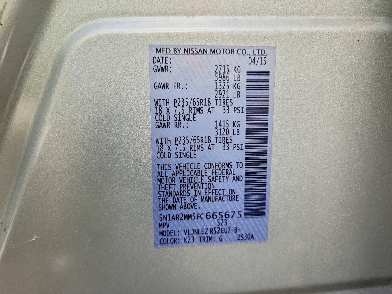 2015 Nissan Pathfinder Sv Silver vin: 5N1AR2MM5FC665675