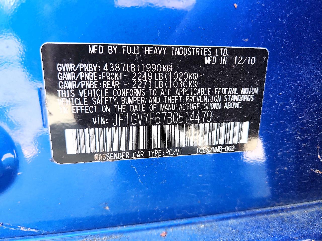 2011 Subaru Impreza Wrx Синий vin: JF1GV7E67BG514479