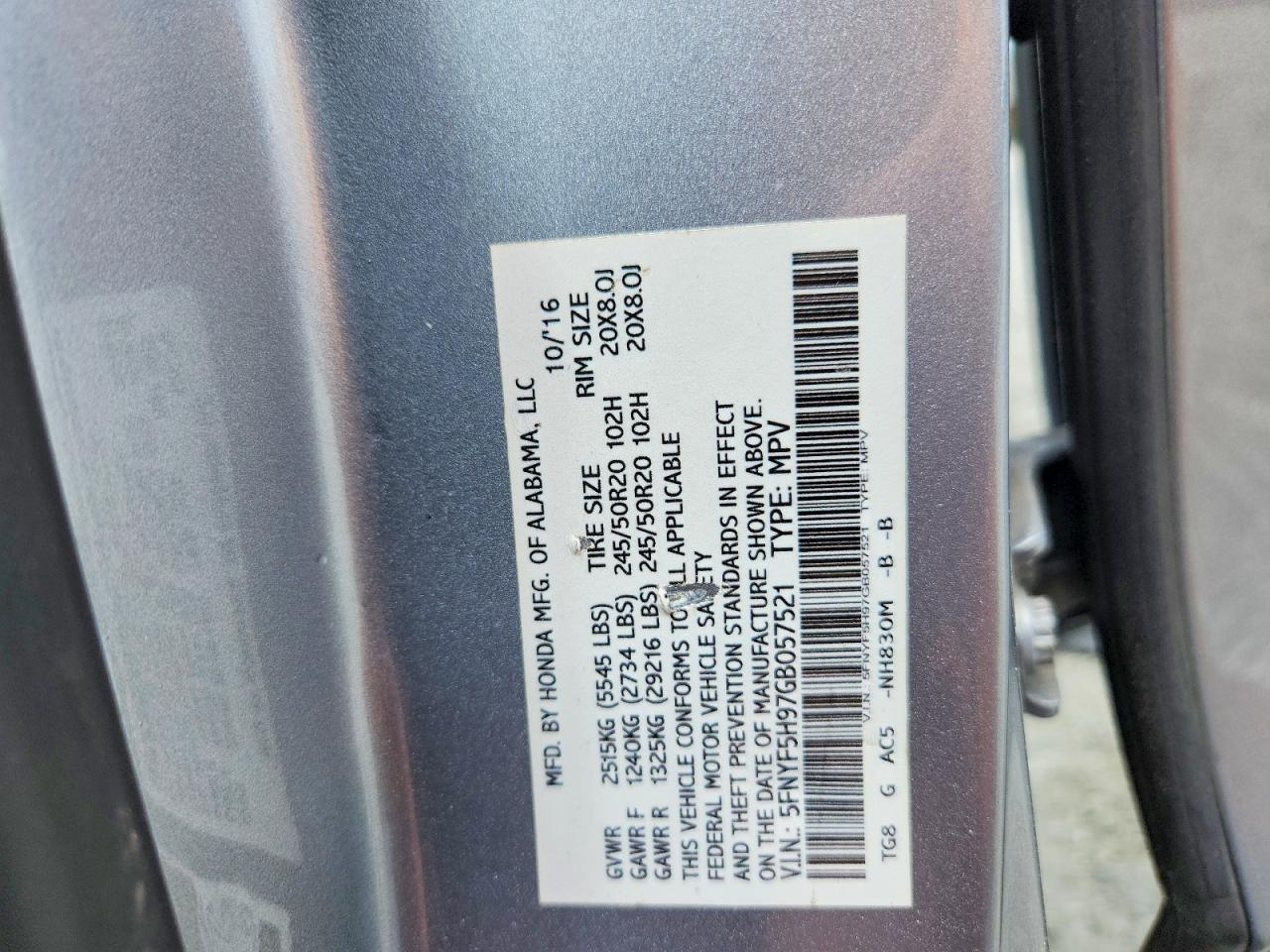 2016 Honda Pilot Touring Серебряный vin: 5FNYF5H97GB057521