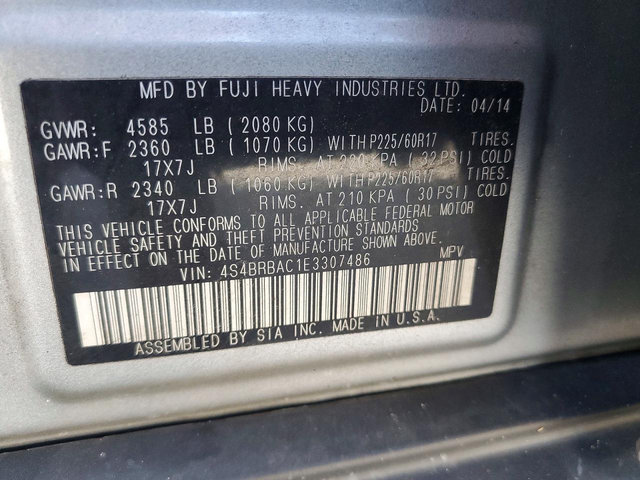 2014 Subaru Outback 2.5i Silver vin: 4S4BRBAC1E3307486