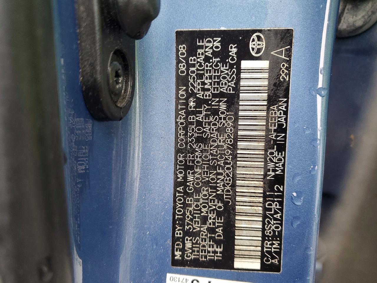2009 Toyota Prius Base Blue vin: JTDKB20U497828901