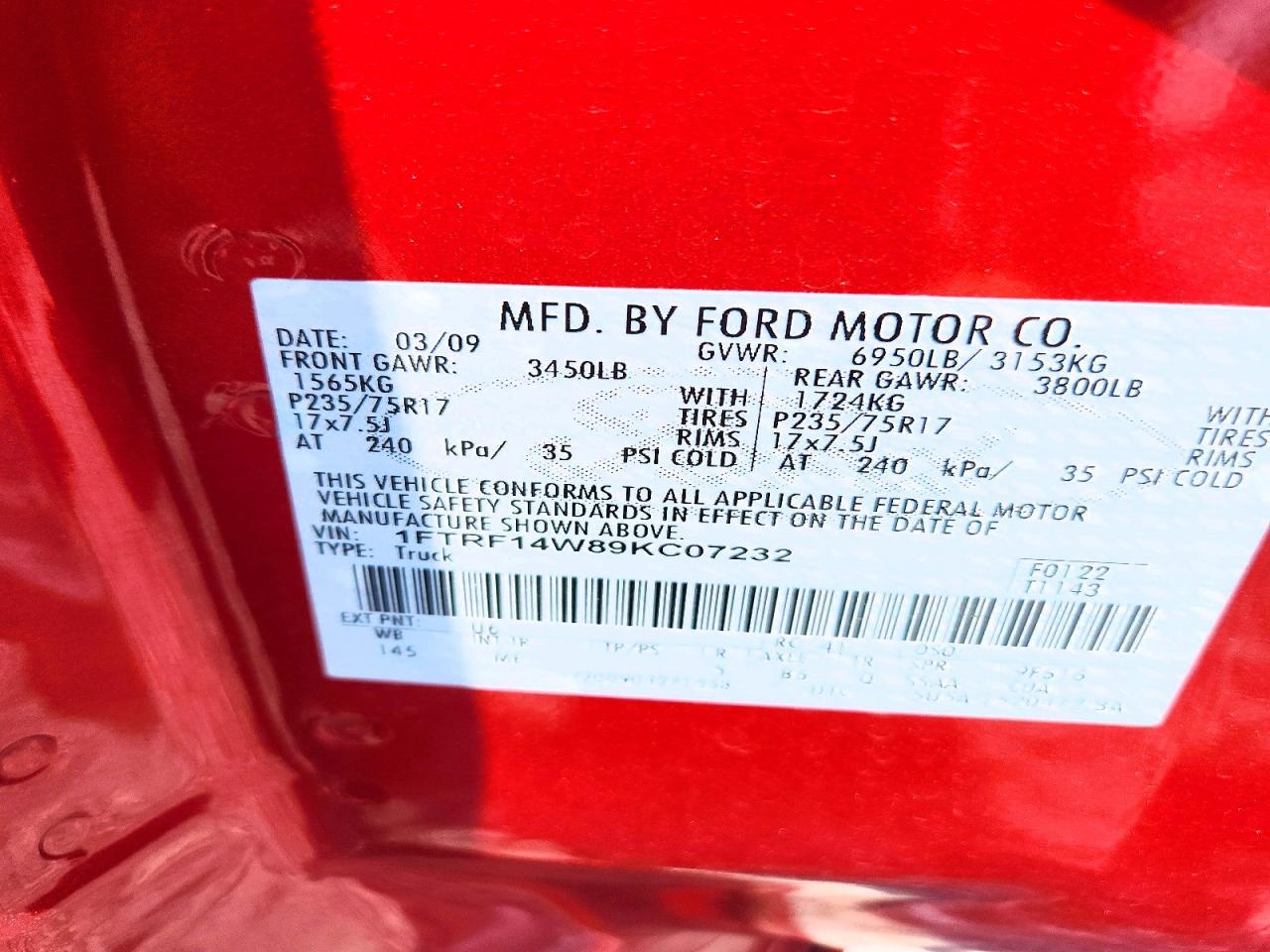 2009 Ford F150 Red vin: 1FTRF14W89KC07232