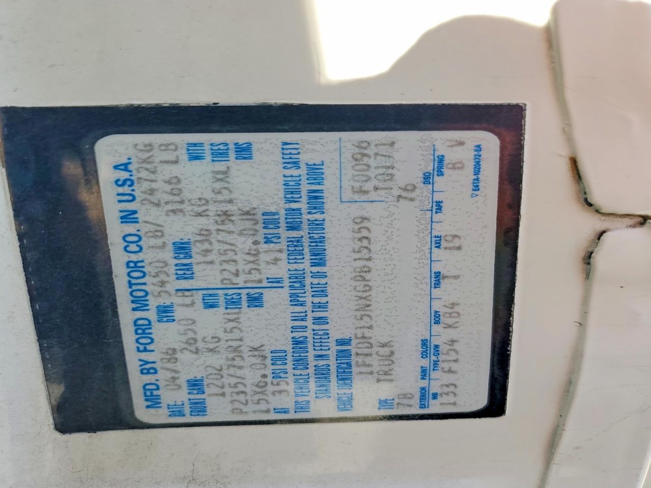 1986 Ford F150 White vin: 1FTDF15NXGPB15359