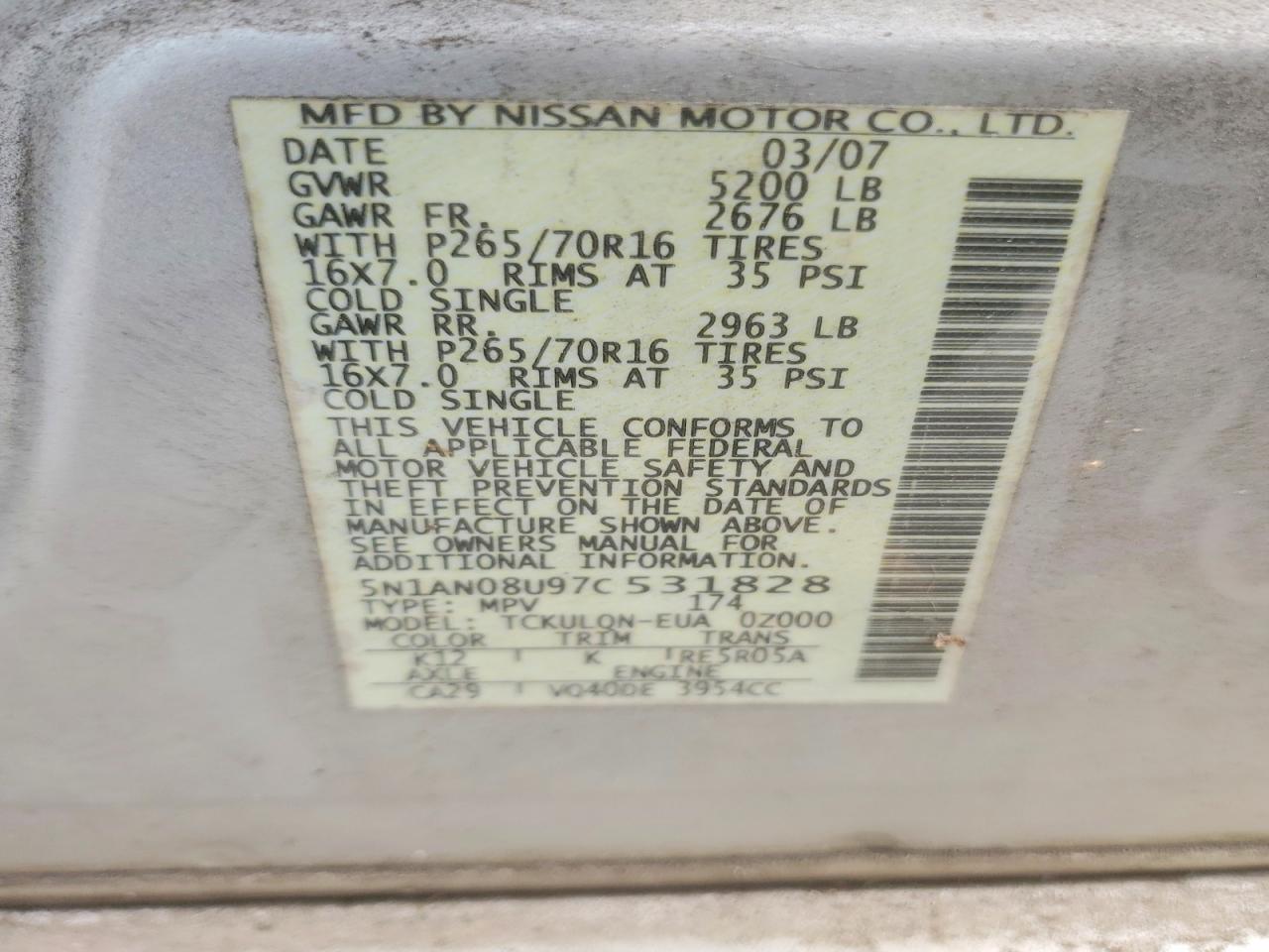 2007 Nissan Xterra X Silver vin: 5N1AN08U97C531828