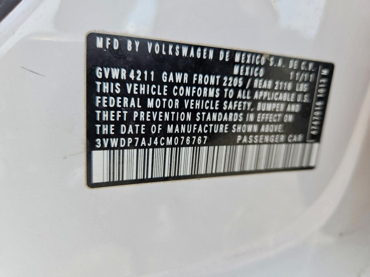 2012 Volkswagen Jetta Se White vin: 3VWDP7AJ4CM076767