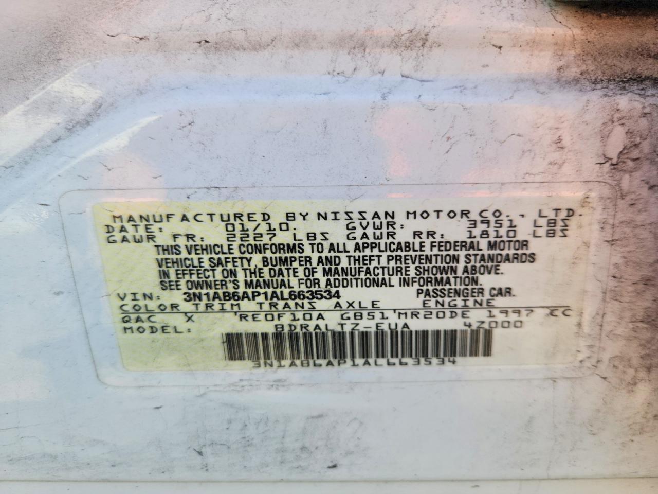 2010 Nissan Sentra 2.0 White vin: 3N1AB6AP1AL663534