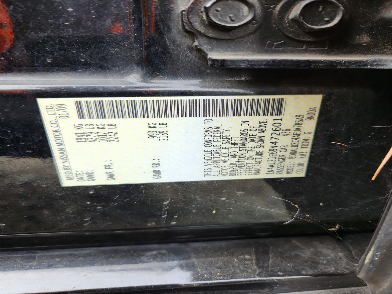2009 Nissan Altima 2.5 Черный vin: 1N4AL21E69N472601