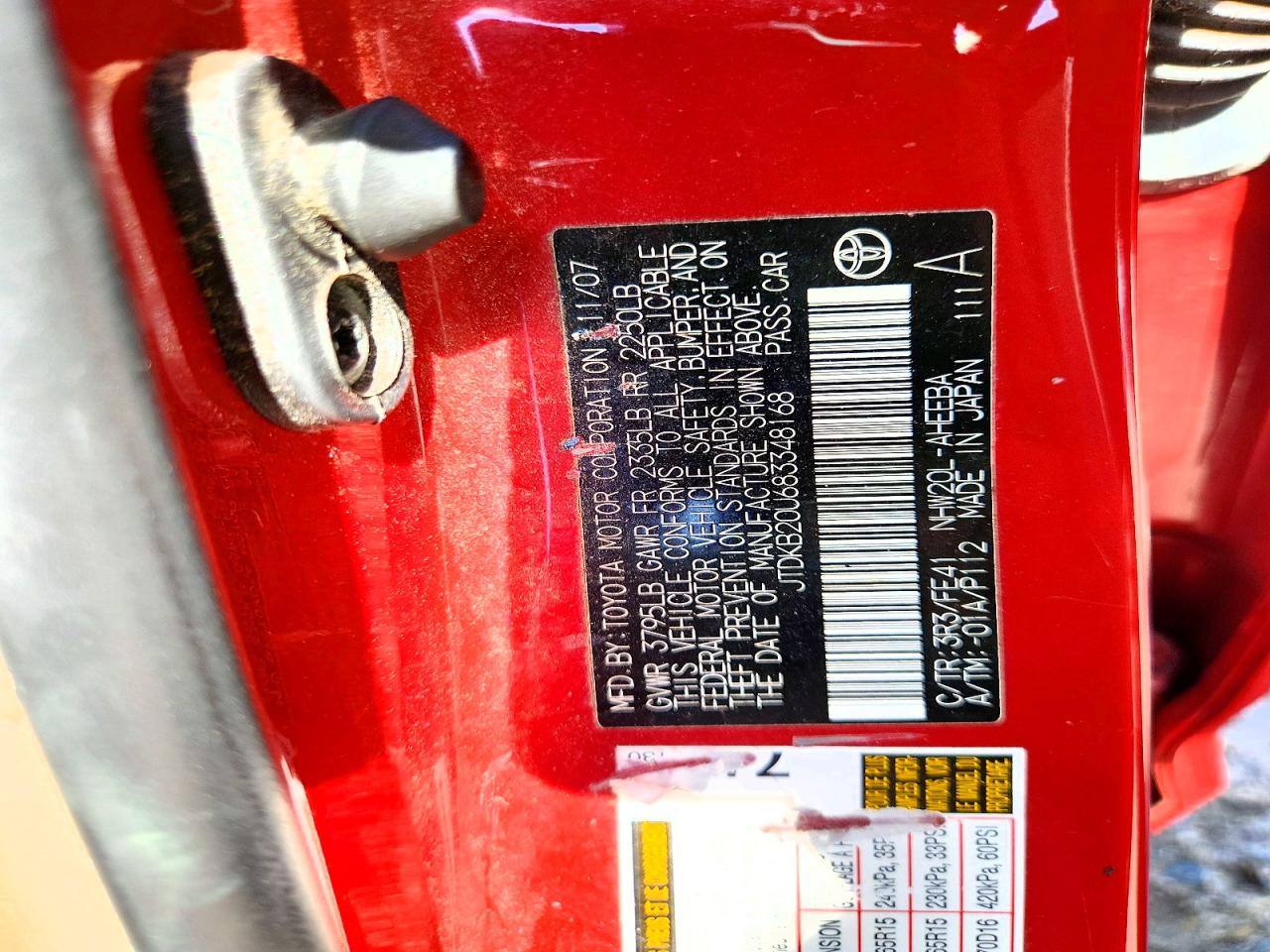 2008 Toyota Prius Red vin: JTDKB20U683348168