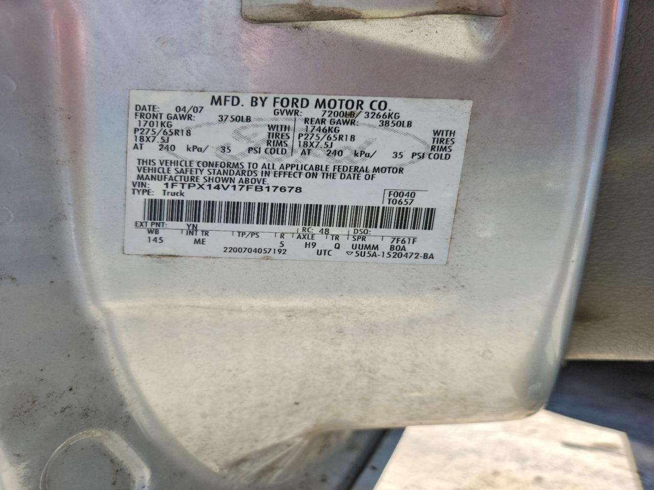 2007 Ford F150 Silver vin: 1FTPX14V17FB17678