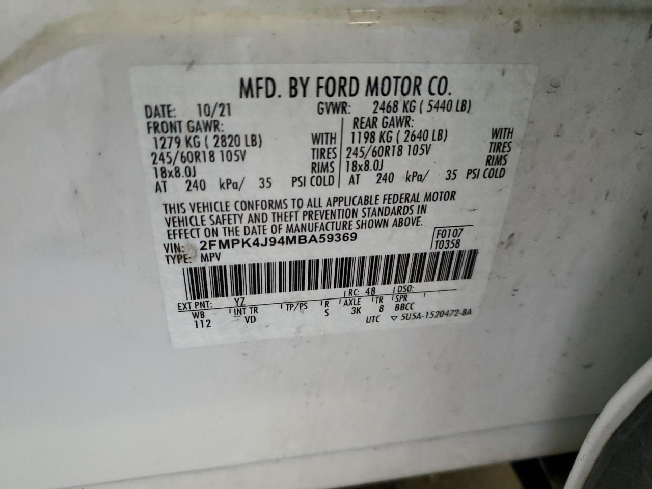 2021 Ford Edge Sel White vin: 2FMPK4J94MBA59369