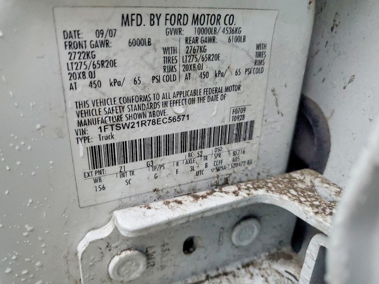 2008 Ford F250 Super Duty White vin: 1FTSW21R78EC56571
