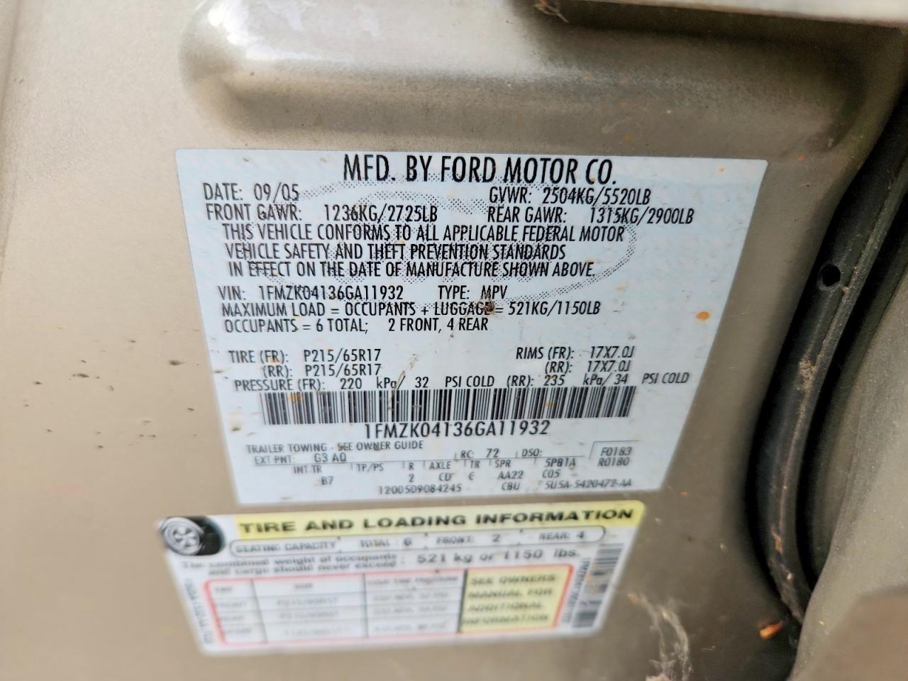 2006 Ford Freestyle Se Золотой vin: 1FMZK04136GA11932