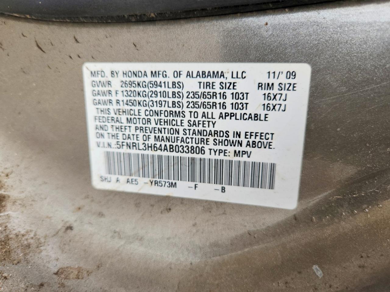2010 Honda Odyssey Exl Gold vin: 5FNRL3H64AB033806
