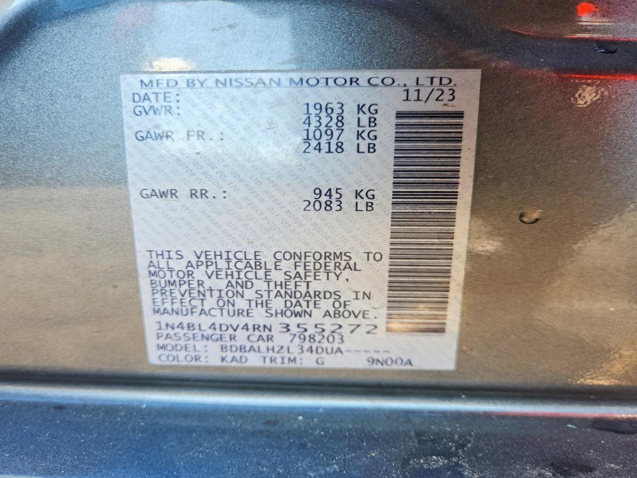 2024 Nissan Altima Sv Серый vin: 1N4BL4DV4RN355272