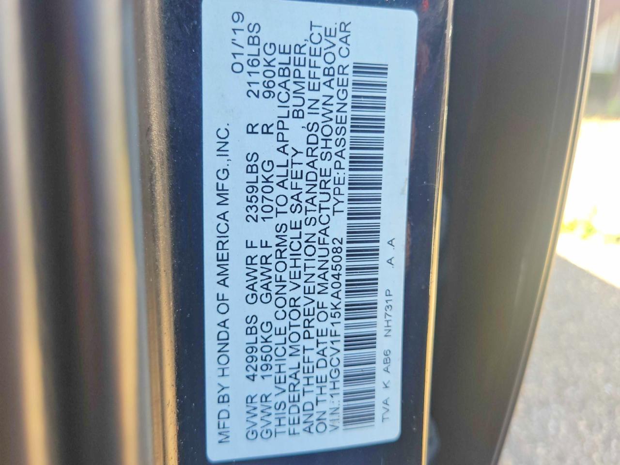 2019 Honda Accord Lx Black vin: 1HGCV1F15KA045082