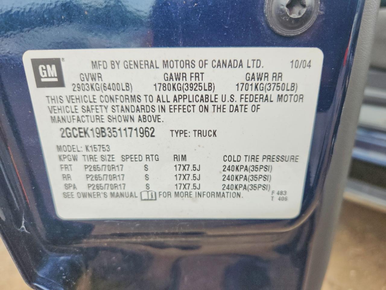 2005 Chevrolet Silverado K1500 Blue vin: 2GCEK19B351171962