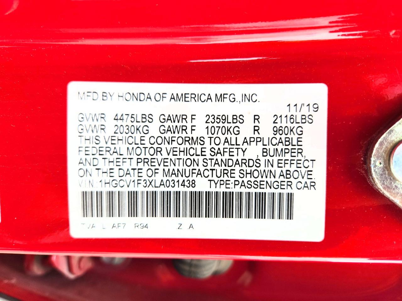 2020 Honda Accord Sport Red vin: 1HGCV1F3XLA031438