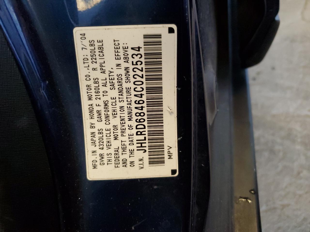 2004 Honda Cr-v Lx Blue vin: JHLRD68464C022534