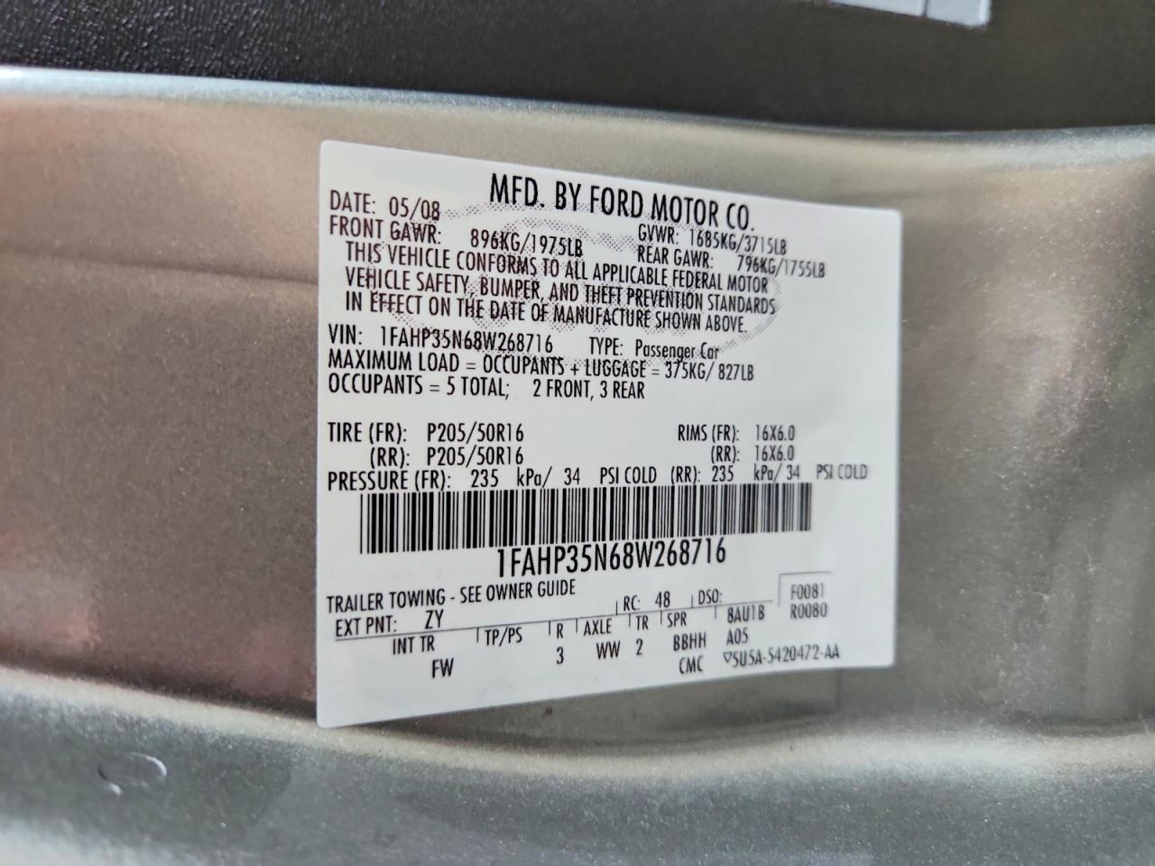 2008 Ford Focus Se Silver vin: 1FAHP35N68W268716